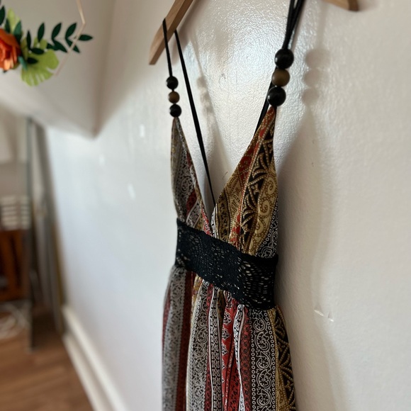 VTG 90s Tricia Fix SUNDRESS small beads 70s crochet lace groovy retro crossback - Picture 5 of 16